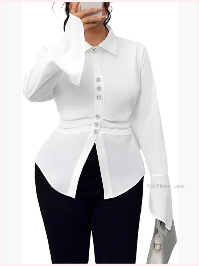 Plus Size Long Sleeve Button Up Blouse For Work Dressy